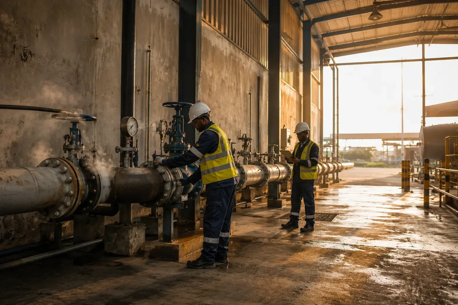 Industrial worker in protective uniform holding tools on site