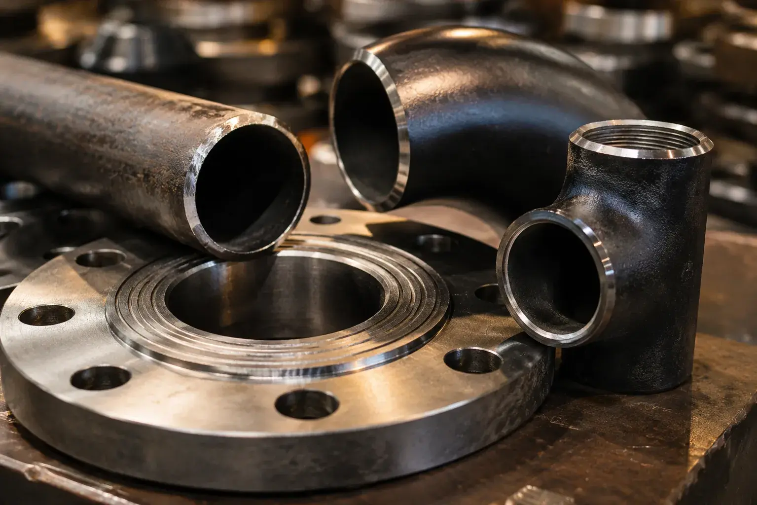 Industrial pipes, fittings and flanges in a warehouse